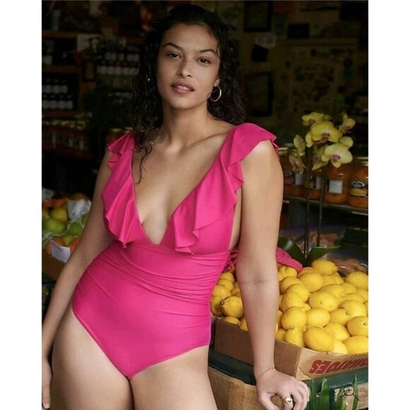J. Crew Pink Fushia One Piece Swim Suit Ruched Ruffle V Neck Women's 22 (866) - Picture 2 of 6